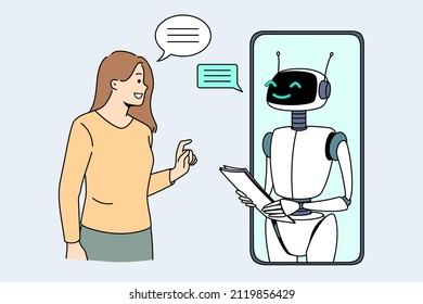 Artificial intelligence and technologies concept. Smiling girl standing and looking at smartphone screen with white robot bot communicating with her vector illustration 