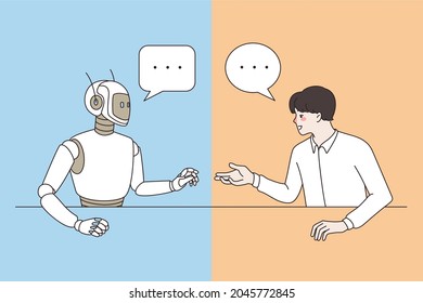 Artificial intelligence and technologies concept. Young smiling man developer sitting chatting talking to robot making research vector illustration 