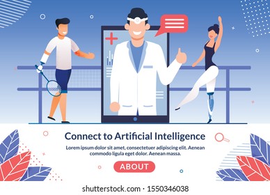 Artificial Intelligence Technologies for Disabled People Trendy Flat Vector Web Banner, Landing Page Template. Injured Tennis Player and Ballerina with Robotized Leg, Hand Prosthesis Illustration
