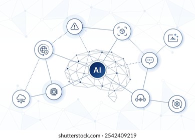 Artificial Intelligence technology. AI brain neural network and icons with digital connection background