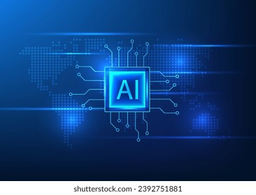 Artificial intelligence technology AI chip on the world map Shows AI technology that plays a role in daily life in the fields of industry, business, learning, and finance.