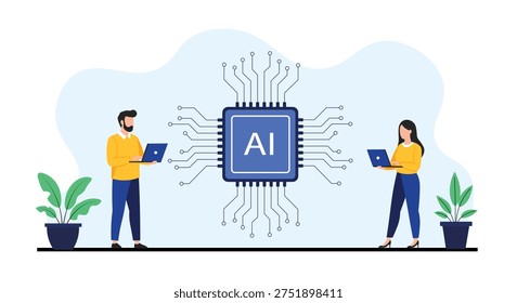 Artificial Intelligence Technology with AI Chip and Developers – Machine Learning Flat Vector Illustration