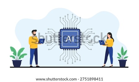 Artificial Intelligence Technology with AI Chip and Developers – Machine Learning Flat Vector Illustration