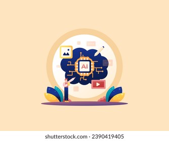 artificial intelligence technology or AI. create and edit an image or video with AI assistance. Create content only by text. technological progress. Cartoon or flat illustration concept design