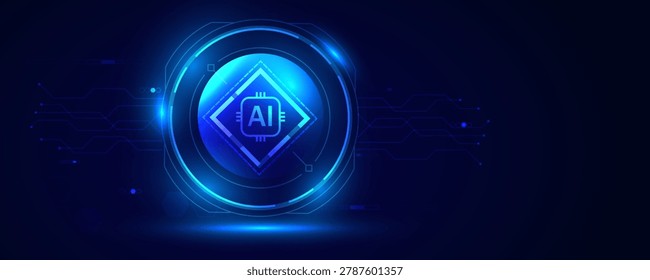 Artificial intelligence technology background with glowing blue AI chip and HUD circle. 