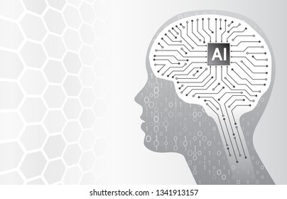 Artificial intelligence. Technology background with head silhouette and circuit board brain. Virtual engineering concept.