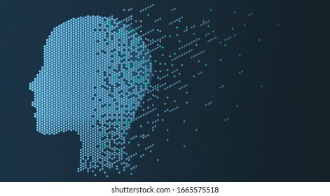 Artificial intelligence technology background. Human or robot digital head formed by pixels. Computer data technology concept. Robot head or face silhouette on blue background. Vector illustration