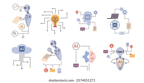 Artificial Intelligence technology, bot analyze data, learn and make decisions. Vector generative technical systems and neural network, big data and digital cloud. Virtual dialog with ai assistant