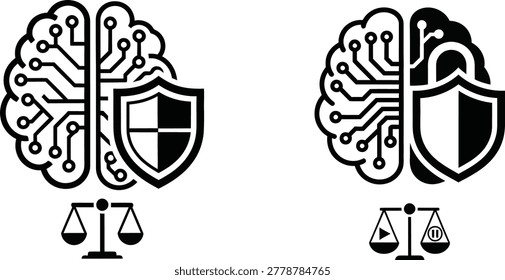 Artificial intelligence technology with brain shield and balance scales justice concept