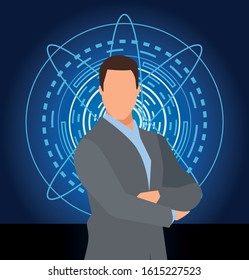 artificial intelligence technology businessman crossed arms futuristic background vector illustration