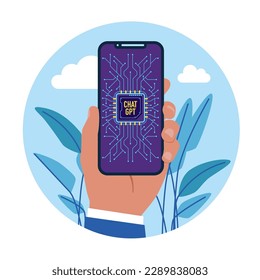 Artificial intelligence technology. Businessman standing with smartphone. Flat vector illustration