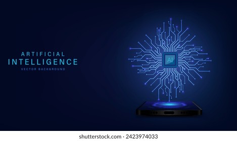 Artificial intelligence technology circuit on smartphones. Technology abstract background. Futuristic technology artwork for web, banner template. Big data and machine learning. Vector illustration.