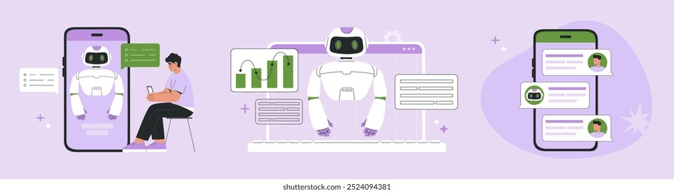 Artificial Intelligence technology concept, AI chat bot assistant messaging with man user, human using virtual customer service, online business help. Flat vector illustration on isolated background