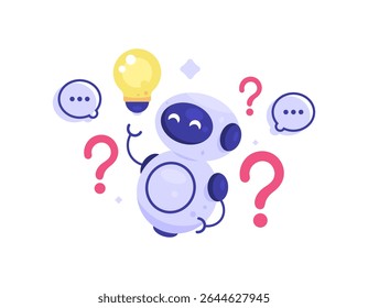 artificial intelligence technology concept. FAQ and assistant robot. AI technology to answer questions. illustration of a robot having an idea with a question mark. technology and solutions. flat