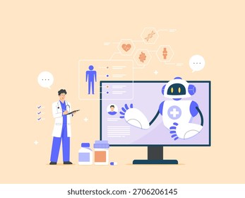 Conceito de tecnologia de inteligência artificial em saúde, robôs e médicos humanos conversando durante uma reunião