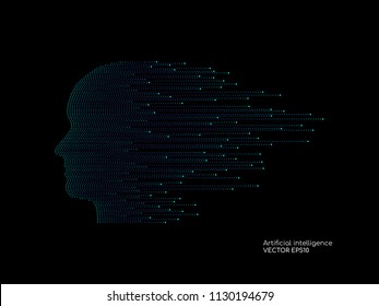 Artificial intelligence technology concept human head shape with light dots line blue color on black background. Vector in concept technology, communication, digital, ai, science.