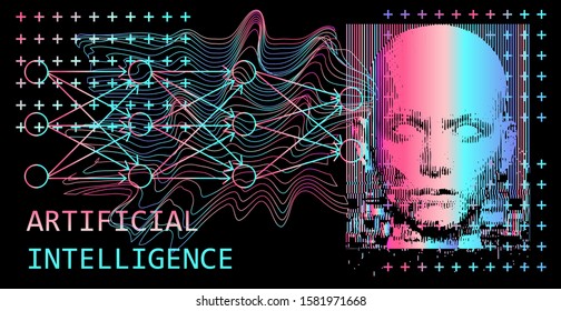 Artificial Intelligence Technology Concept. Human Head Silhouette And Neural Net Scheme.