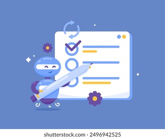 artificial intelligence technology concept. working on a to-do list with the help of an AI system. illustration of an assistant robot automatically doing work or tasks. flat style design. graphic