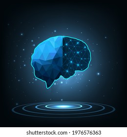 Artificial intelligence technology concept(AI).Brain outline made from polygon  in robot digital computer interpretation and Machine Learning Concept on dark blue background. 