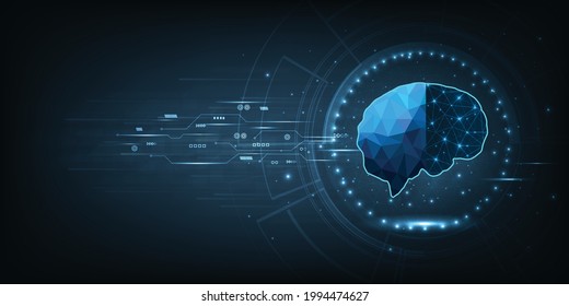 Artificial intelligence technology concept(AI).Brain outline made from polygon  in robot digital computer interpretation and Machine Learning Concept on dark blue background. 