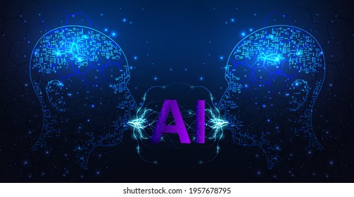 Artificial intelligence technology concept.Human head outline with circuit board digital human face in robot digital computer interpretation and Machine Learning Concept.(AI) on dark blue background. 