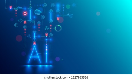 Artificial intelligence technology conceptual banner. AI neon letter in dark background links with icons. Tech analysis data. Machine learning of intellectual computer system of solution business task