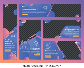 Ilustración vectorial de conjunto de Plantilla de diseño de página de aterrizaje de conferencia de tecnología de inteligencia artificial. AI marketing empresarial sistema robótico aprendizaje de datos cibernéticos tecnología virtual reunión corporativa