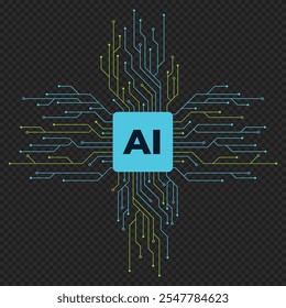 Chipset de CPU de tecnología de inteligencia artificial con placa de circuito impreso. Aprendizaje automático. Concepto futurista. Ilustración vectorial