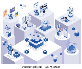 Artificial intelligence technology creating various content isometric composition 3d vector illustration svg