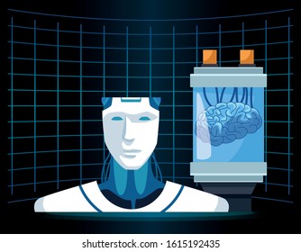 artificial intelligence technology cyborg and human brain vector illustration
