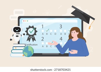 conceito de tecnologia para a educação. Pesquisa de IA, estudo e pesquisa usando a IA on-line para conhecimento de abordagem. Diploma, universidade e-learning vetor de ilustração de graduação.