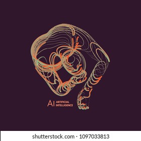 Artificial intelligence. Technology and engineering concept. 3d model of man. Vector illustration. Wire connection to virtual reality. 