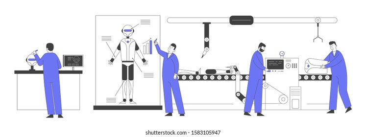 Artificial Intelligence Technology Engineers Making and Programming Robots. Robotics Hardware and Software Engineering in Laboratory with Hi-Tech Equipment. Cartoon Flat Vector Illustration, Line Art