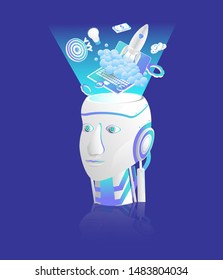 Artificial intelligence technology for financial business and start up concept.  Isometric robotic head and rocket is take off. Vector illustration design.