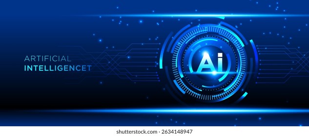 Tecnología de inteligencia artificial con anillos futuristas y efectos de luz sobre fondo azul oscuro para la presentación
