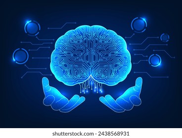 Artificial intelligence technology The hand holding the brain inside is a technological circuit. Shows AI technology that was created to help with analytical thinking. and human work