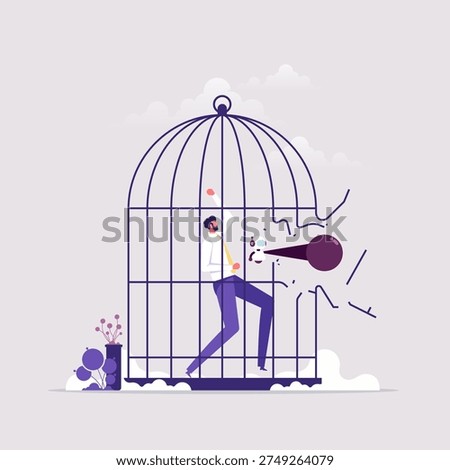 Artificial intelligence technology helping or support success work concept, artificial intelligence breaks breaks the cage and help businessman free, working with ai 