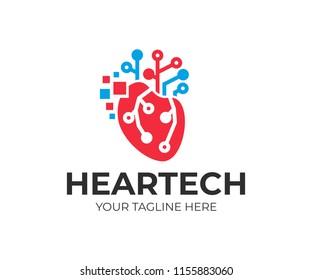 Inteligencia artificial y tecnología, corazón humano con píxeles digitales y circuitos de la red electrónica, diseño de logotipo. Mente y comunicaciones de CPU de tecnología, diseño vectorial e ilustración
