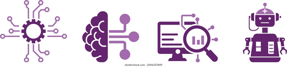 Artificial Intelligence and Technology icon set showing AI, robotics, data, and innovation concepts. Perfect for digital, tech, and smart system projects.