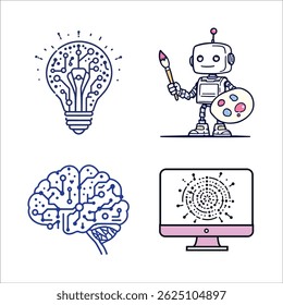 Artificial Intelligence and Technology Icons – Representation of Digital Innovation and AI-Powered Creativity Vector Illustration