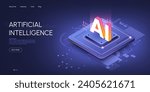 Artificial intelligence technology isometric illustration. Isometric CPU chip with glowing letters AI on top. Machine learning web page concept.