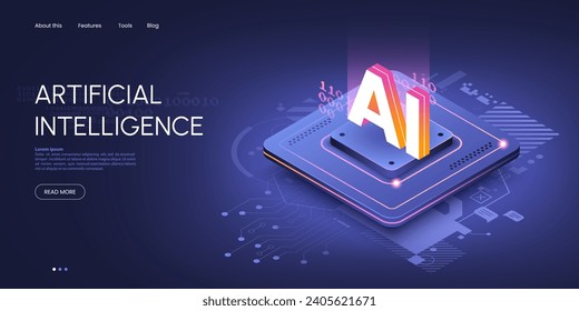 Künstliche Intelligenz-Technologie isometrische Illustration. Isometrischer CPU-Chip mit leuchtenden Buchstaben AI oben. Webseitenkonzept für maschinelles Lernen.