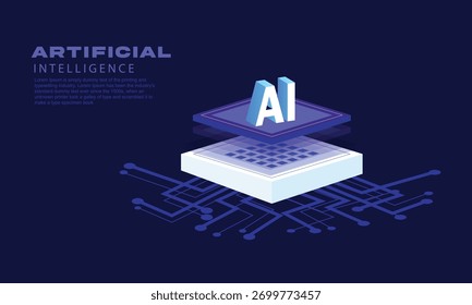 Ilustração isométrica da tecnologia de inteligência artificial. Chip isométrico CPU com letras brilhantes AI no topo