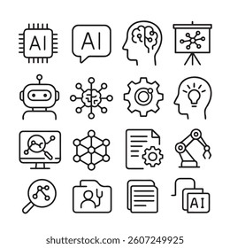Artificial Intelligence Technology Line Icons Set Neural Network, Robot, Automation, Chip