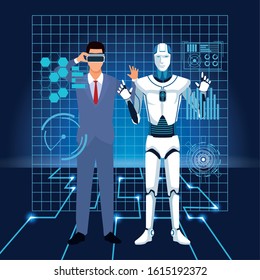 artificial intelligence technology man using vr goggles and cyborg interface vector illustration