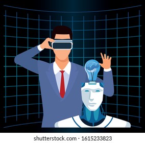 artificial intelligence technology man with vr glasses and cyborg with human brain vector illustration