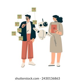 Tecnología de inteligencia artificial con el hombre y la mujer Personaje Discutir negocios con bot ilustración vectorial