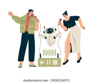 Artificial Intelligence Technology with Man and Woman Character Sing Karaoke with Bot Vector Illustration
