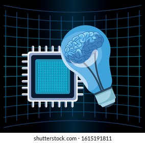 artificial intelligence technology motherboard circuit human brain in bulb vector illustration