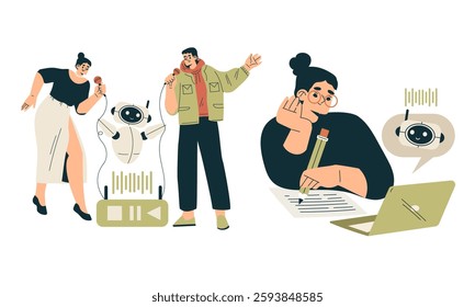 Artificial Intelligence Technology with People Character Interacting with Smart Bot Vector Set